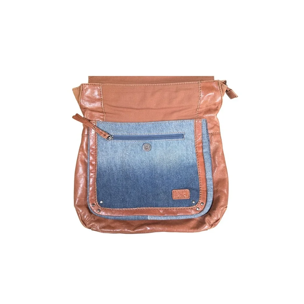 The Sak Ventura Convertible Backpack Crossbody Bag Brown Leather Denim Woven